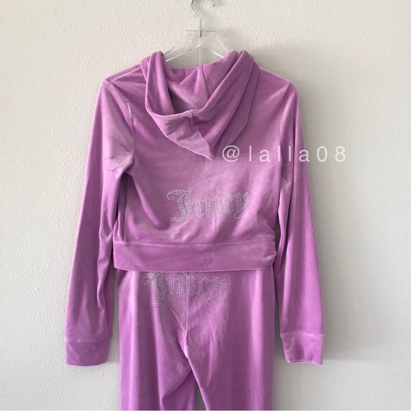 JUICY COUTURE Velour OG Bling Tracksuit Hoodie & Pant Set Violet Pink Small - Picture 8 of 15